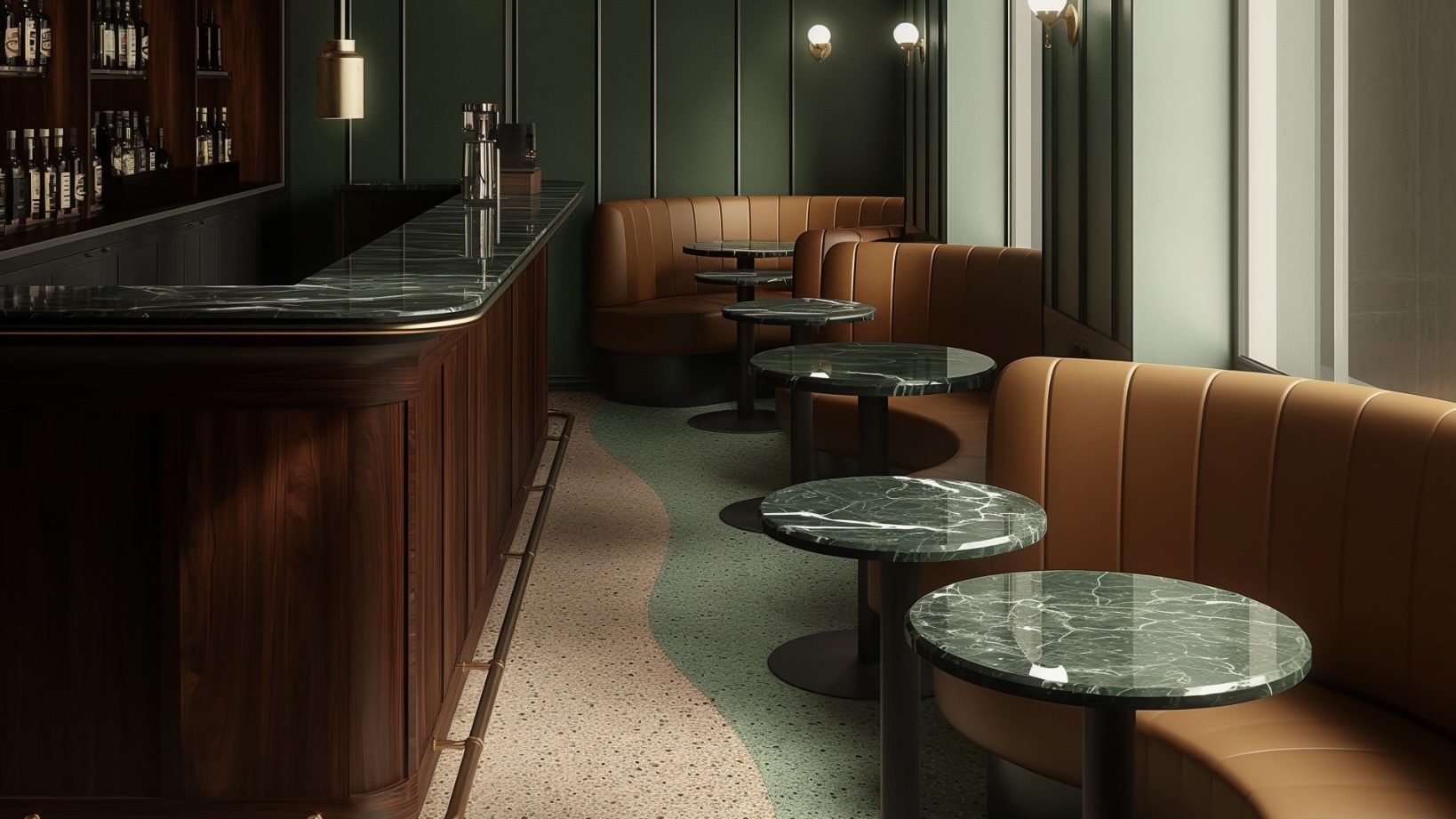 Stylish restaurant seating with green tones